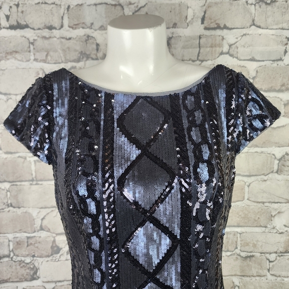 Adrianna Papell Sequin Cap Sleeve Sheath Dress Navy Size 10 Evening Sparkle - Picture 6 of 16